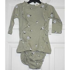 Jessica Simpson Long Sleeve Ruffle Dress &Diaper Cover In Floral Seagrass 12 Mth